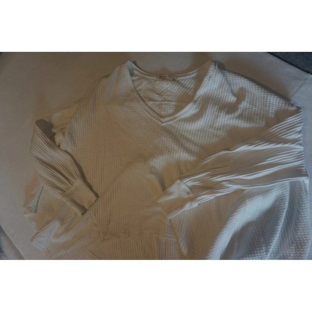 We The Free White Waffle Knit V-Neck High Low Thermal Top XS OB1753675